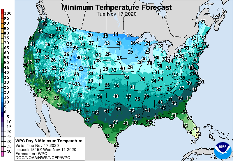 Forecast lows for Tuesday